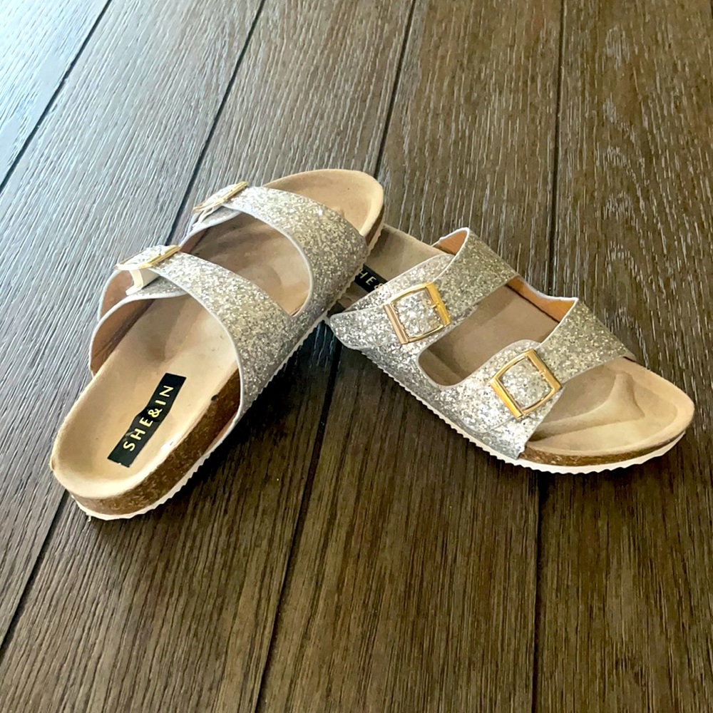 Shein Double Buckle Glitter Band Slide Sandals